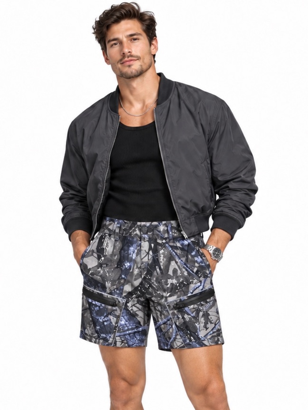 Fashion Nova SZ XXL Men’s Green/Gray/Black/White Camo Utility Shorts/Waist 42”